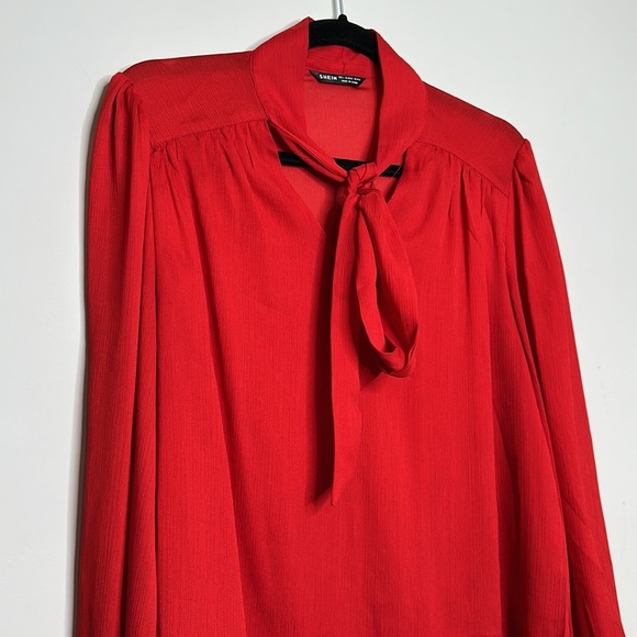 SHEIN  Womens French Red Mesh Floral Stand Collar - Picture 4 of 9